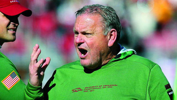 Arkansas coach Sam Pittman during the fourth quarter in a 13-10 loss to the LSU Tigers.